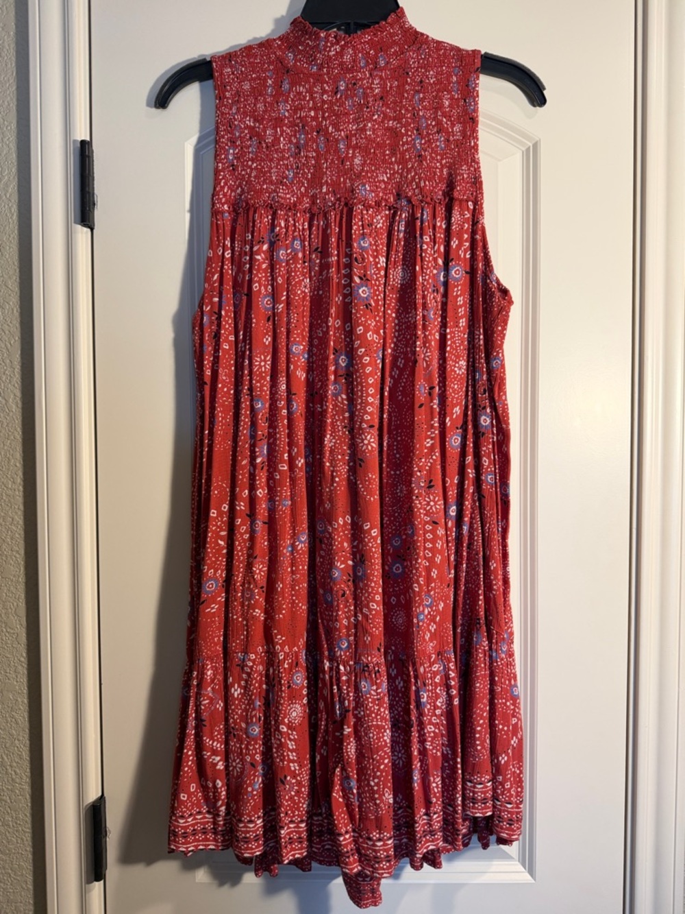 Smocked High-Neck Floral Midi Dress in Red - Size L